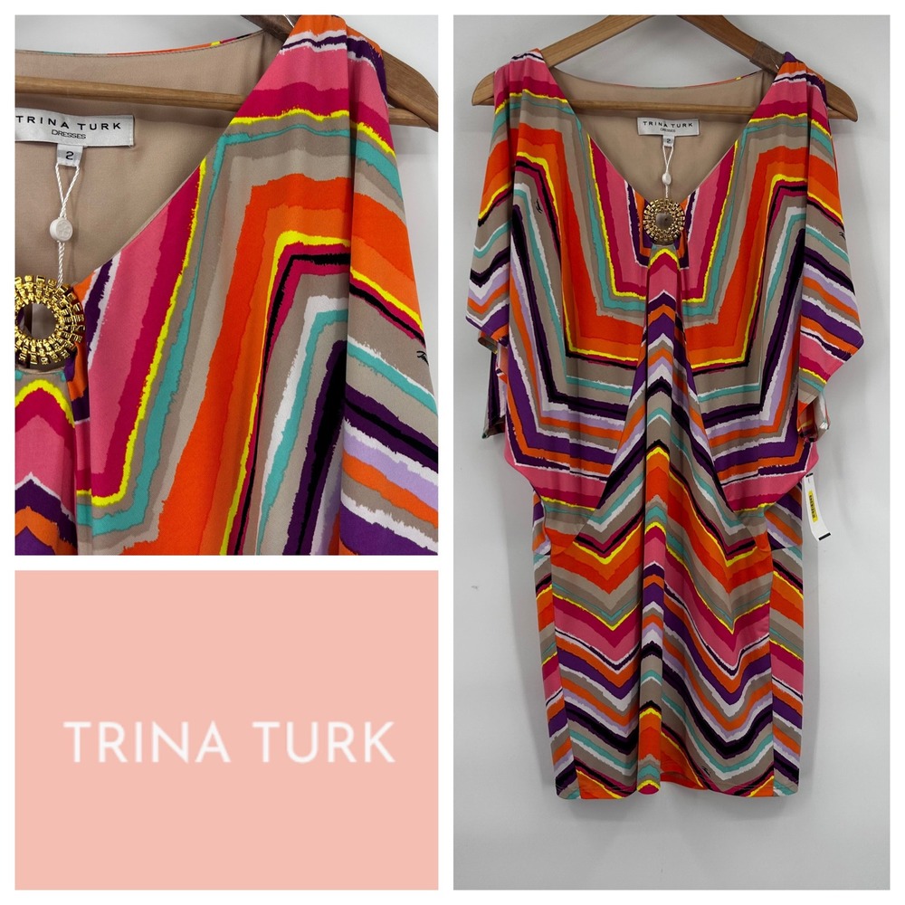 Trina‎ Turk Louvre Swim Tunic Cover Up Geometric  Print V Neck Dolman Sleeve  2
